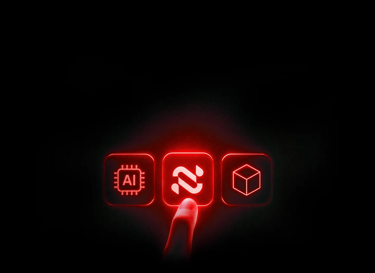 Dedo presionando el logo de Navia entre iconos tecnológicos iluminados en rojo