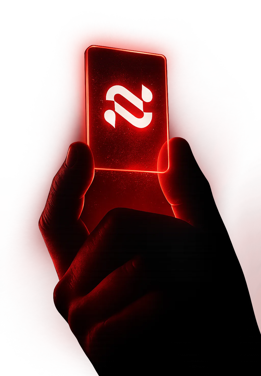 Mano sosteniendo una tarjeta con el logo de Navia iluminado en rojo